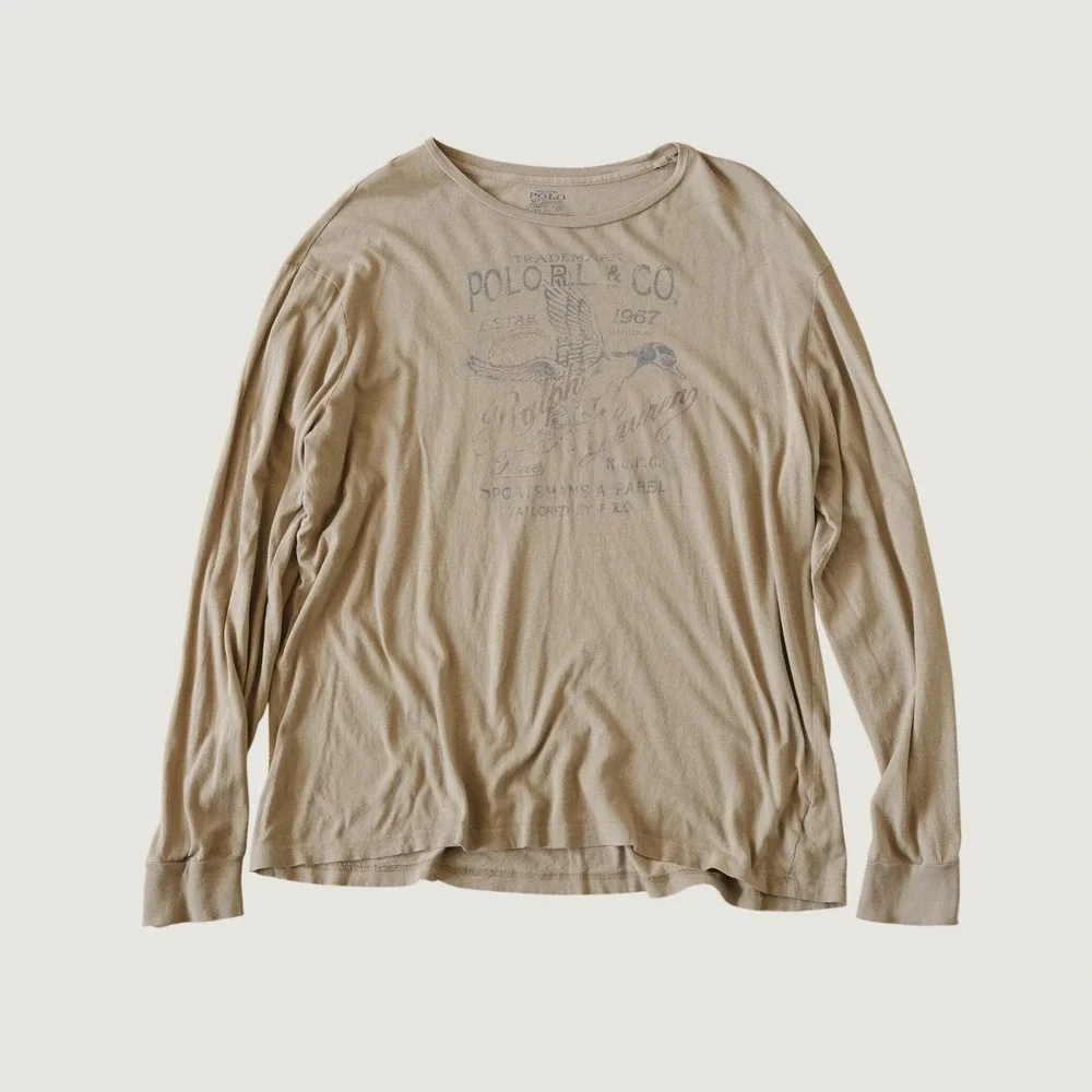 Polo Ralph Lauren Graphic T-Shirt Mens Tan Duck Print Rugged XXL Long Sleeve